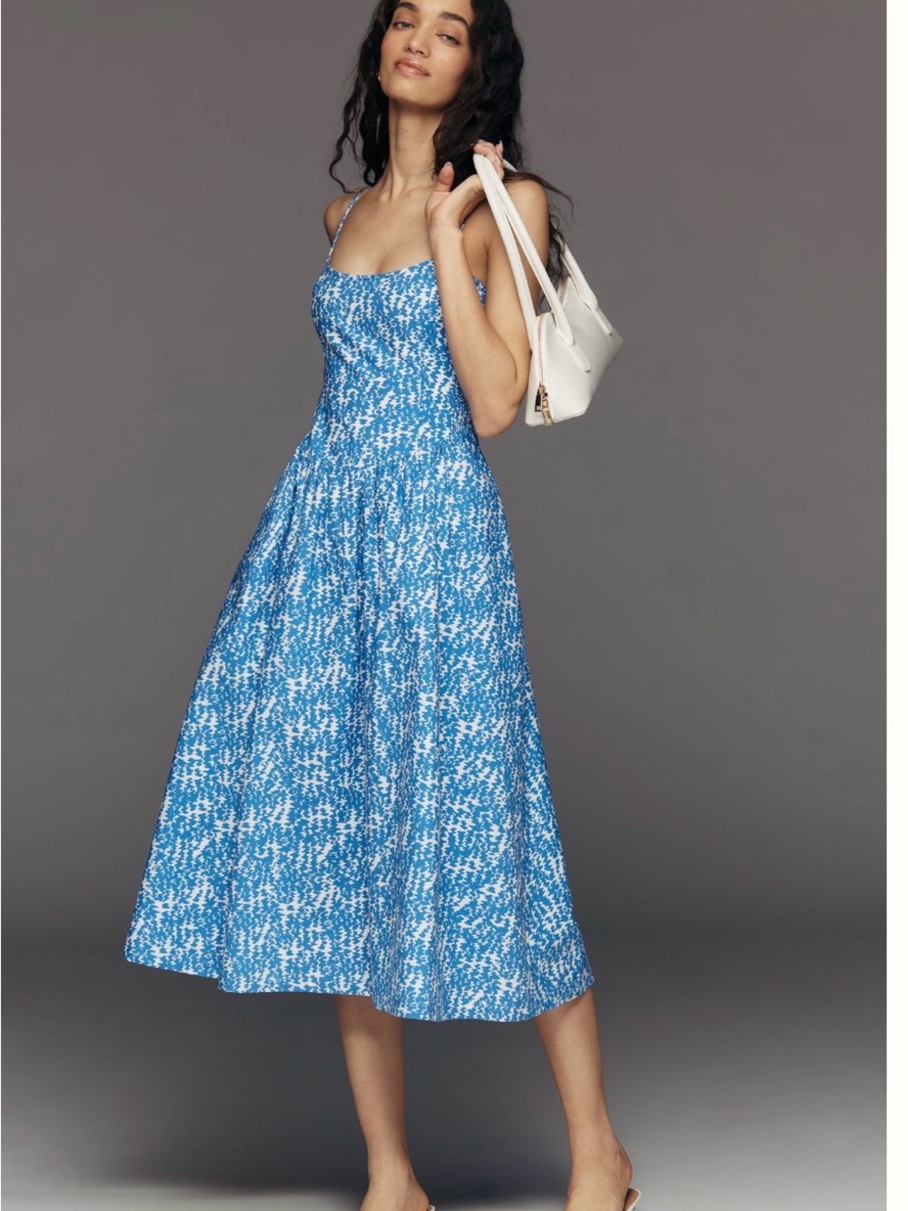 Maeve Blue Printed Spaghetti-Strap Midi Dress